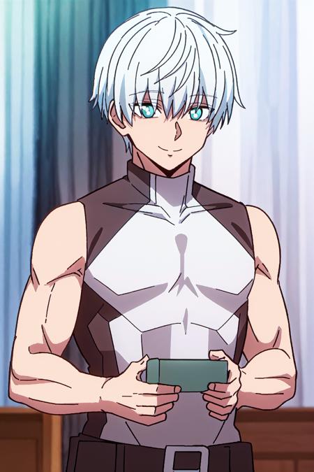 ragna, 1boy, solo, blue eyes, white hair, short hair, smile, blue eyes, bangs, eyes visible through hair, sleeveless, muscular, black sleeveless top
high quality, best quality, ultra detailed, masterpiece, big breast, detailed hands, <lora:EMS-52523-EMS:0.700000>