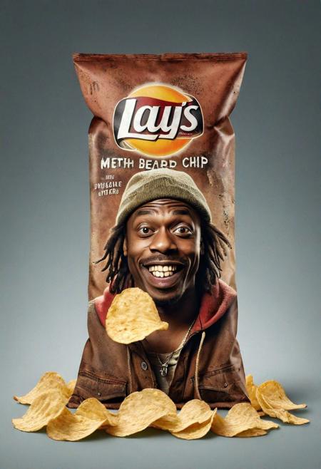 Portrait, studio photograph,  of Tyrone Biggums, funny crack addict from Chappelle Show, Dave Chapelle, Chapelle Dave comedian, Portrait studio comedy photograph of Tyrone Biggums, zany emaciated crack addict from Chappelle Show, jovially clutching single crumpled bag of Lay's potato chips customized to clearly display "Euro Crack" flavor text, wacky exaggerated expression of manic glee, meth-addled twitchy mannerisms played for laughs, wild bugged-out eyes, oversized ill-fitting tattered red coat, dingy white tank top askew, ripped baggy jeans, untied scuffed boots, stringy unkempt greasy hair sticking out, sunken cheeks and hollowed features amplified to humorous effect, yellowed rotting teeth bared in a crazed grin, overgrown scraggly beard, photorealistic lighting of professional brand studio highlighting hilarious disheveled appearance, jgermeister liquor bottle used as prop, 4k uhd resolution, masterpiece quality portrait capturing satirical hilarity