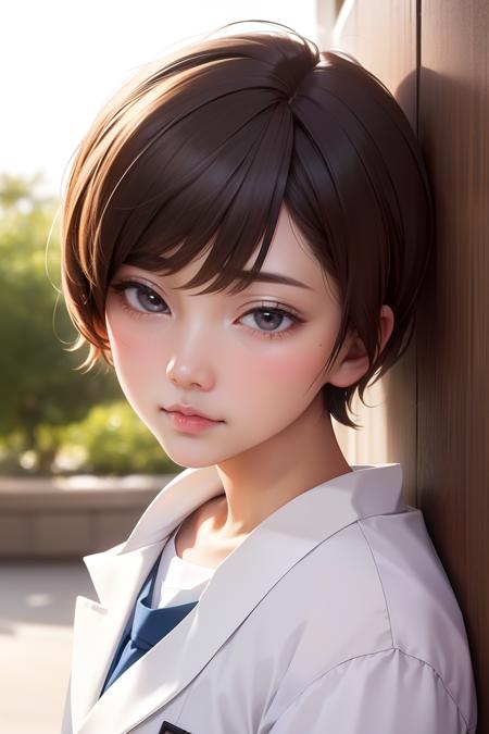 1girl, Solo, koiwa_ito, ((Japanese, Japanese face)), Black hair, Black eyes, short hair, bangs, (middle brests:0.8), ((20year old)), School uniform, ((upper body, looking at viewer, face close-up, face focus)),