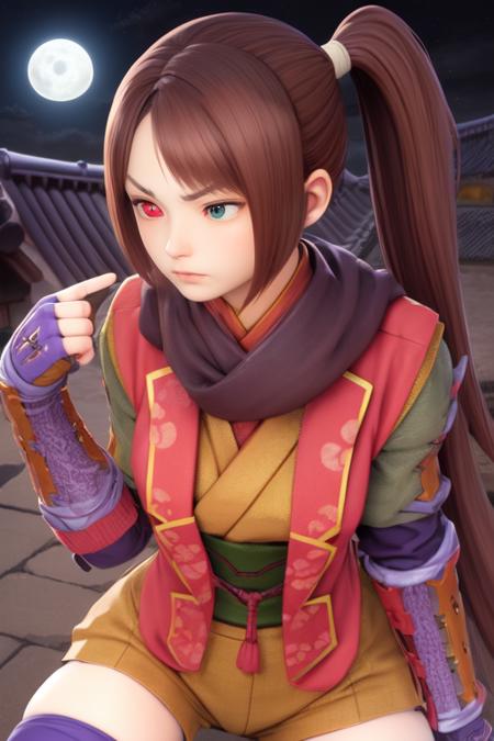 Akane,brown hair,heterochromia,ponytail,side ponytail,  mean face,  
Yagyu,toeless legwear,thighhighs,armor,fingerless gloves,shorts,scarf,
 upper body,  face focus,  
Japanese building,nighttime,moon,Sengoku period, 
(insanely detailed, beautiful detailed face, masterpiece, best quality)  <lora:AkaneYagyu:0.7>,