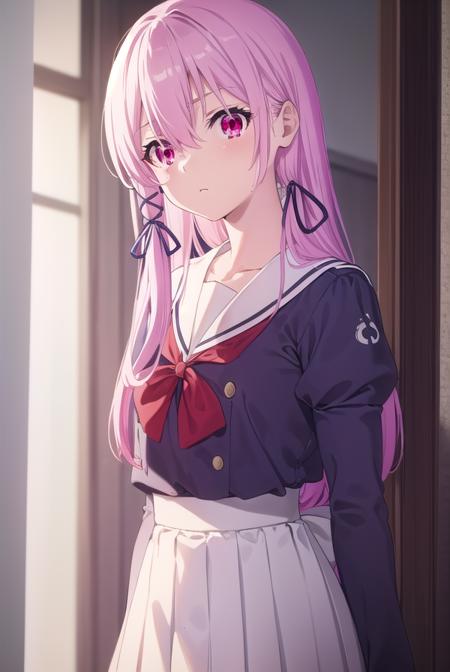 engagekisara, <lora:engage kisara s1-lora-nochekaiser:1>,
kisara, long hair, pink hair, (red eyes:1.3), hair between eyes, hair ornament, ribbon, hair ribbon,
BREAK long sleeves, ribbon, school uniform, puffy sleeves, sailor collar, red bow, juliet sleeves, white sailor collar,
BREAK indoors, classroom,
BREAK looking at viewer, (cowboy shot:1.5),
BREAK <lyco:GoodHands-beta2:1>, (masterpiece:1.2), best quality, high resolution, unity 8k wallpaper, (illustration:0.8), (beautiful detailed eyes:1.6), extremely detailed face, perfect lighting, extremely detailed CG, (perfect hands, perfect anatomy),