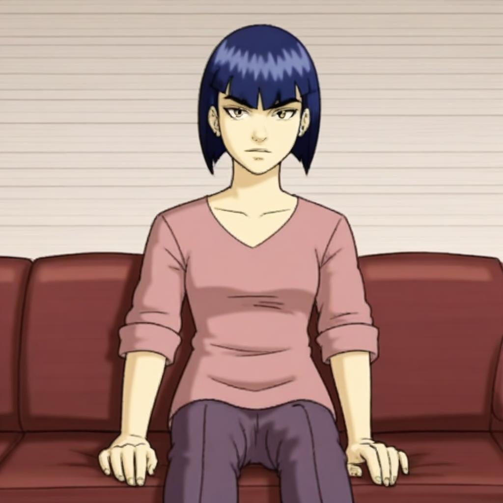 score_9, solo, tc_witch, blue hair, short hair, bobcut, shirt, pants, sitting sofa, looking at viewer,