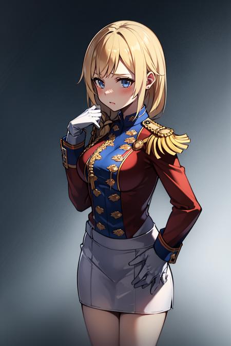 masterpiece, best quality,detailed 4K wallpaper,novel illustration, 1girl, solo, rodney,  <lora:rodney:0.8>,blonde hair, hair over shoulder,blush,skirt, gloves, white gloves, epaulettes, aiguillette, white skirt,jacket,  long sleeves, looking at viewer, uniform, breasts, military uniform, miniskirt, military, bangs, red jacket, standing,