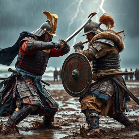 A cinematic close-up of two adult warriors—a Japanese samurai and a Mongolian warrior—locked in fierce combat on a stormy coastal plain, rain-soaked and mud-streaked. The background blurs with crashing waves and distant battle ranks under a lightning-lit sky, emphasizing their intense duel.
Japanese Samurai: A mature samurai wields a katana, blade flashing mid-strike. He wears o-yoroi armor: crimson and black lacquered iron plates, silk-laced, with a kabuto helmet bearing a gold crest and a snarling menpo mask. His blue silk sash is tattered but vibrant. Weapons include a tanto dagger at his waist. Colors are crimson, black, and gold, with white clan mon on his tate shield.
Mongolian Warrior: An adult Mongol warrior counters with a curved saber, his stance agile. He wears lamellar armor of leather and iron in earthy brown and blue, with a conical helmet topped by a horsehair plume. His small round shield bears red-black tribal motifs. A fur-lined vest and felt boots show wear. Weapons include a short spear slung across his back. Colors are brown, blue, and red, with an embroidered belt.
Dramatic lightning illuminates their rain-slicked armor, highlighting dents and bloodstains. Mud splashes their legs, and their faces show grim determination. The scene is hyper-detailed, with textured armor and dynamic motion.