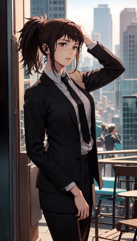 brown hair ponytail brown eyes scar on face white collared shirt necktie suit suit pants