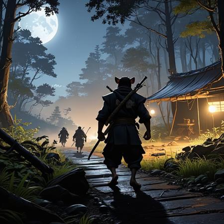 "Humanoid rat Ninja, stealthily approaching an enemy camp in a moonlit forest setting, (realistic yet stylized, like Hayao Miyazaki or Makoto Shinkai), by Akira Toriyama or Katsuhiro Otomo, hd"