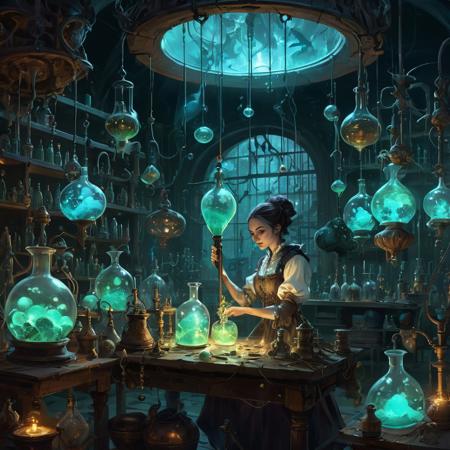 A creepy, dreamlike scene showing a female alchemist stirring a bubbling breaker in a dimly lit, ornate laboratory, surrounded by strange, glowing liquids, bioluminescent fae creatures trapped in cages and forbidden knowledge.