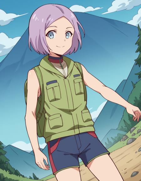 <lora:luca-esposito-s1-ponyxl-lora-nochekaiser:1>, luca esposito, short hair, blue eyes, purple hair, forehead, otoko no ko, androgynous, gloves, bodysuit, pilot suit, spacesuit, shirt, shorts, sleeveless, vest, sleeveless shirt, green shirt, green vest, green shorts,