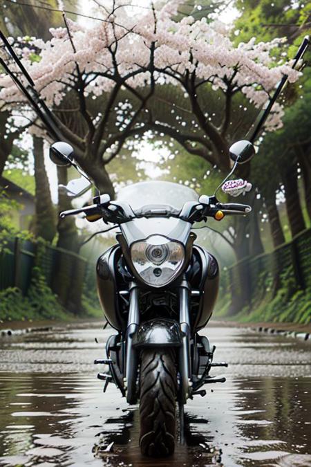 Suzuki Intruder, Suzuki, Motorcycle, autumn,  under a tree canopy, dust particles, volumetric lighting, cherry blossom, depth of field, anime style, overgrown, Beautiful outdoor, outdoors, wet road, mud