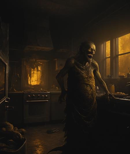 <lora:HellAI_XL:1> DonMH311XL, HellAI, monster,fire,  dark, darkness, stygical, eerie,         black & yellow, industrial, heavy duty, modular,           A highly detailed mother in her kitchen preparing meal, window sunny day, happy, smiling,
