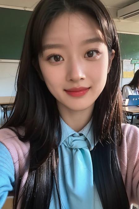 a photo of m_kayoung, 18 year old girl in the classroom, close up, <lora:m_kayoung-15:0.9>, (intricate details:0.8), (hdr, hyperdetailed:1.2), school uniform