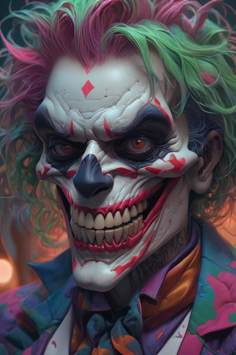 A close-up of a fake clown with a creepy smile.
