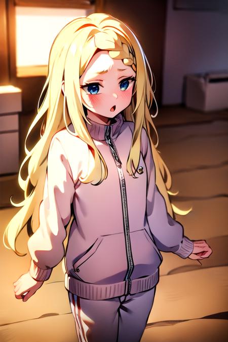 <lora:TsukiokaLucy1:0.9>, corn maze , tracksuit , enraged ,1girl,blonde hair, blue eyes,long hair,blush,braid,hair ornament