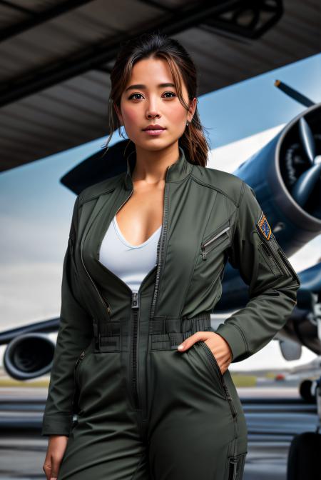 photo of (H4n4M0n01), a woman as a sexy air force pilot, (wearing air force pilot jumpsuit), (open zipper jumpsuit with cleavage:1.2), modelshoot style, (extremely detailed CG unity 8k wallpaper), photo of the most beautiful artwork in the world, professional majestic photorealistic picture, canon m50, trending on ArtStation, trending on CGSociety, Intricate, High Detail, Sharp focus, dramatic, photorealistic painting art by midjourney, (trousers), ((standing inside a hangar)), ((airplanes in the background)), (looking at viewer:1.2), (detailed pupils:1.3), (revealing outfit:1.2), (closeup:1.3), (extremely sexy), (cleavage:1.1), 8k uhd, dslr, soft lighting, high quality, film grain, Fujifilm XT3 sharp focus, f 5.6,, cinematic light, sidelighting, Fujiflim XT3, DSLR, 50mm ,<lora:add_detail:0.4>, <lora:LowRA:0.5>