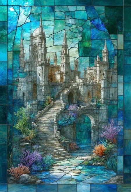 Construct a photorealistic depiction of a submerged city, shattered into stained-glass mosaics. Multiple perspectives entwine to form a mesmerizing composition, with crumbling architecture, coral reefs, and schools of fish rendered as geometric shards emanating a diffused, underwater glow. The color palette utilizes deep teal, aged ochre, and vibrant magenta, highlighting intersecting lines and fragmented forms. Integrate subtle photorealistic details within each glass fragmentâthe texture of algae, the movement of currentsâto create a compelling fusion of abstract geometry and tangible marine life, evoking a sense of forgotten grandeur and silent mystery.