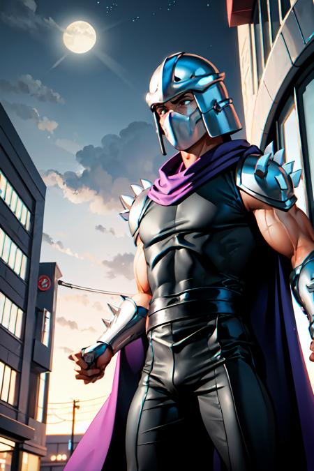 masterpiece, best quality, male, night, city, town,
 <lora:shredderV1:0.7>, shredder, purple cloak, spike_armor, helmet, grey tank_top, mask,