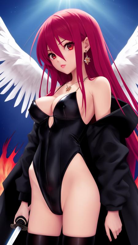 1girl, solo, upper body, character focus, perfect eyes, 
1girl, shana, alastor (shakugan no shana), breasts, jewelry, weapon, long hair, sword, holding, red hair, holding weapon, solo, leotard, holding sword, pants, pendant, large breasts, fire, bare shoulders, hair between eyes, open clothes, parted lips, black leotard, highleg, necklace, coat, cleavage, red eyes, highleg leotard, very long hair, covered nipples, looking at viewer, black coat, standing, open coat, katana, off shoulder, earrings, skin tight, long sleeves, lips, black pants, bangs, black jacket, cowboy shot, jacket
sitting, spread legs, 
perfect slick hd hq haze, face details, (dynamic pose), beautiful detailed skin, see-through embroidery, intricate gothic dress, sleeves past fingers, divine lights, sunbeam, shining halo, wings, falling feathers, majestic scene,   
light particles, lens flare,