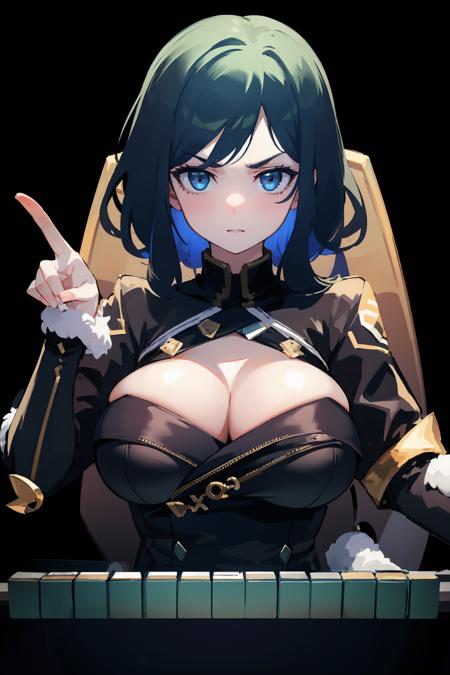 (masterpiece, high quality, highres:1),1girl,solo,<lora:mahjong-wasabiya:1>,mahjong,chair,mahjong tile,looking at viewer,sitting,simple background,huge breasts ,(beautiful eyes,  black eyes , blue hair , beautiful face),white background, black background ,serious,green table,