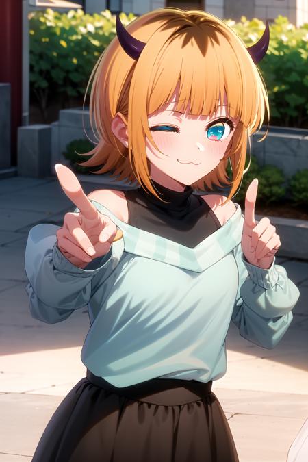 best quality, masterpiece, detailed,
<lora:OshiNoKo_MEMcho:0.8>, memcho,
closed mouth, light blush, :3, smile,
short hair, blonde hair, multicolored hair, aqua eyes, blunt bangs, horns, one eye closed,
(blue sweater:1.2), black shirt, bare shoulders, black skirt, medium breasts,
standing, looking at the viewer, pointing at viewer,
day, park, city, outdoors