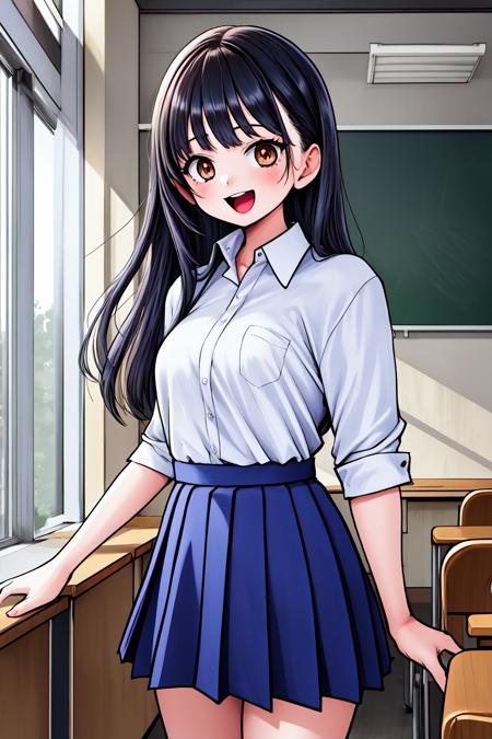 1girl, cowboy shot, classroom, smile, standing, open mouth, 
yamada_anna, brown eyes, black hair, long hair, bangs, school uniform, white shirt, collared shirt, pleated skirt, blue skirt, <lora:yamada_anna_lora_ver1:0.7>, best quality, masterpiece, highres, <lora:GoodHands-vanilla:1>