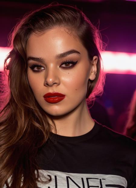 high resolution photo of hail33 woman,long brown hair pulled back,eyeliner,lipstick,close-up,volumetric lighting,wearing t-shirt,night,highly detailed skin,pores,skin imperfection,standing in a club,dramatic tone