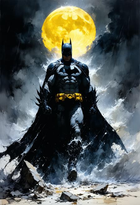 Batman emerges from a monochrome storm, his cape a tidal wave of ink swallowing a crumbling Gotham penthouse (extreme low angle, horizon tilted 30°). Sin City’s nihilist edge: the world is shredded newsprint and India ink, except the glowing sulfur-yellow Bat-symbol. Frank Miller’s chiaroscuro hones his silhouette: block-jawed cowl, cape hooks sharp as blades. Rain like slashes of 
 white, dissolving into the void below.