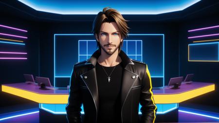 1boy, Final Fantasy VIII, Justin Maier as Squall Leonhart standing near a desk facing the camera, smile, facial hair, stubble, looking at viewer, indoors, professional office, a singular professional CEO desk, minimalist, blue and yellow theme with neon, vaporwave gradient lights, futuristic, dusk theme, movie still, yellow track lights, electric light wires, neon outlines, centered, cinematic lighting, close-up, foreshortening, dark, dark background, desktop wallpaper, masterpiece, best quality