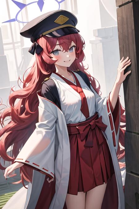 best quality, masterpiece, highres, solo, {white kimono:1.35}, {red hakama:1.35}, {wide sleeves:1.20}, {iroha_bluearchive:1.15}, long_hair, red_hair, halo, bangs, blush, hat, hair_between_eyes, peaked_cap, black_headwear, grey_eyes, military_hat, necktie, red_necktie, smile, very_long_hair