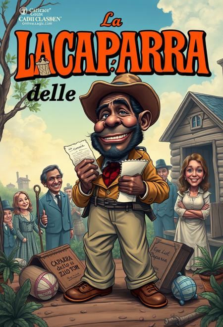 “Illustrate a caricature-style book cover inspired by Uncle Tom’s Cabin, reimagined as La CAPARRA dello Zio Tom. The scene should feature exaggerated, satirical elements with bold, dynamic colors that evoke the vintage aesthetic of 19th-century illustrated book covers.
Uncle Tom is portrayed as a humorous, larger-than-life character, dressed in tattered yet vibrant clothing, holding a contract or receipt symbolizing ‘la caparra’ (the deposit). Surround him with symbolic elements representing social commentary, such as exaggerated caricatures of other characters from the original novel, set in a plantation backdrop with surreal and whimsical tones.
The title, La CAPARRA dello Zio Tom, should be prominently displayed in bold, ornate lettering that blends classic typography with a playful twist. Include smaller details that highlight the satirical nature of this cover while staying respectful to the original themes of the book.”