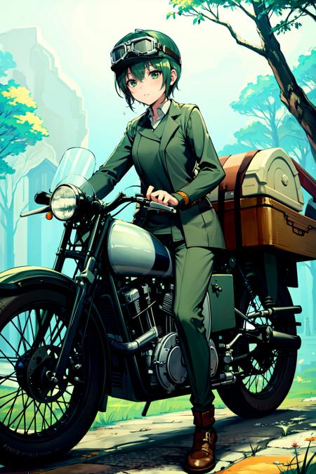 absurdres, highres, best quality, <lora:kinoprune-sv_ratio-5.0-8:1> kino \(kino no tabi\), 1girl, outdoors, goggles, forest, motorcycle , green jacket, green pants, brown shoes, goggles on head,