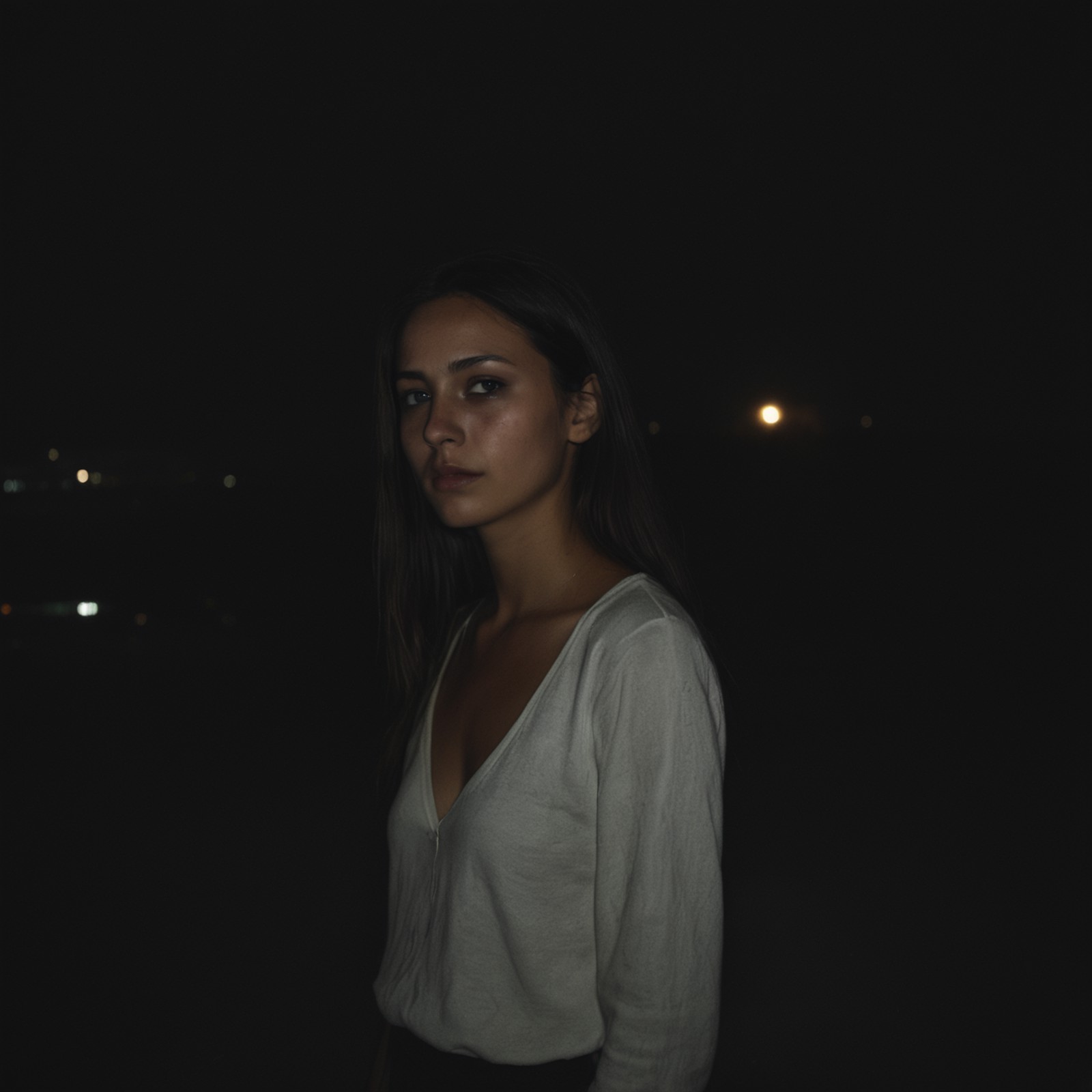 a very dark photo of a woman,  night
