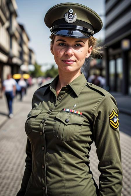 photo of a beautiful German army girl wearing a uniform, city street,, slim body, medium upper body shot, looking at the camera, professional photography , high resolution