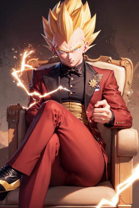 (masterpiece, best quality:1.2), <lora:dbz_vegeta-03:0.8>, <lora:lightningvfxCreateMore_v1:0.2>, solo, male focus, 1boy, vegeta, super saiyan, serious, looking at viewer, sitting in a fancy chair, crossed legs, blonde spiked hair, blue eyes, formal, red suit, red pants, surrounded by (yellow lightning:1.1)