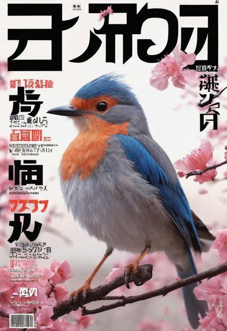 magazine cover, japanese text, bird, clos-up, 3D animation style, randomize,