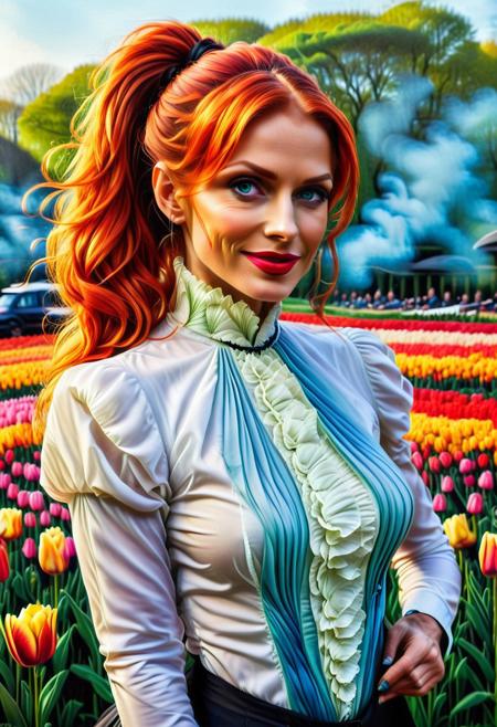 jaynl-tm, (close up:1.6), Stable_Yogis_PDXL_Positives, (Victorian blouse made of tulips), Realism_Quality_2xx_By_Stable_Yogi, (anatomically correct:1.6), photo, photo_realistic, 1girl, mature_woman, European, 27 years old, parted_lips, choker, seductive smile, sultry, serious stare, stern look, close-up, eye shadow, makeup, milf, mature female, pureerosface_v1, Expressiveh, intricate_details_xl, natural skin, realistic, hands out of view, red lipstick, makeup, Influencers Deluxe_Lara_Lang, long ponytail, streaked hair, Orange hair, black streaks in her hair, long side bangs, black highlights in bangs, thick lips, mega ponytail, big hair, tall, natural blue eyes, high neck closure, fitness body, toned muscles, high cheekbones, solo, (fully dressed:2), high turtle neck, outdoors, (hands hidden:1.7), short sleeves, closed dress, high neck closure, gentle smile, closed mouth, short puffy sleeves, laboratory, big fluffy hair in all directions.
