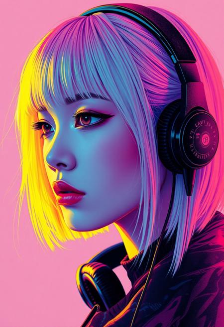 abstract photorealistic ink image in vivid, surreal colour gradient, closeup side portrait of oriental goth cyberpunk woman, straight-cut bob, bangs, headphones, bleached hair
