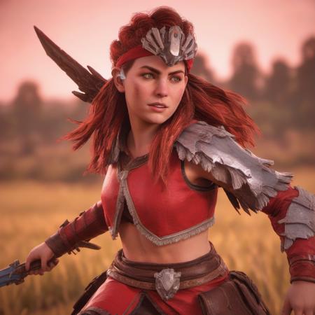 <lora:AloySDXL:0.7> Aloy running through a field with a big sword, dressed in red metal armor with an (exposed midriff:1.4) and a feathered headdress