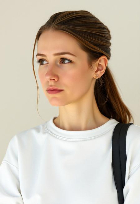 Hair color: medium brown, tied back in a ponytail.
Face shape: soft and natural, with subtle contours.
Skin tone: fair with a warm undertone.
Clothing: a simple white sweatshirt with a clean and casual look.
Expression: calm, contemplative, and natural.
Eyes: focused, gazing slightly to the left.
Age: approximately mid-30s to early 40s.
Build: average and balanced.
Posture: upright and relaxed
Style: minimalist and functional, emphasizing practicality.
Details: realistic textures for skin, hair, clothing, and bag.
Facial features: natural, with subtle details to highlight a lifelike appearance.
Light source: soft, natural light that highlights the face evenly.
Nose: straight and proportional to the face.
Mouth: neutral, with slightly relaxed lips.
Ears: proportionate, partially visible under the ponytail.
Neck: natural proportions, visible above the sweatshirt neckline.
Eyebrows: medium thickness, slightly arched to enhance the contemplative look.
Hair texture: smooth, with slight natural movement.
Overall vibe: calm, grounded, and approachable.
Shoulder posture: relaxed but slightly pulled back for an upright stance.
Skin texture: natural with subtle imperfections for added realism.
Cheekbones: soft and slightly defined.
Jawline: natural and smooth, not overly sharp.
Hairline: smooth, transitioning naturally into the ponytail.
Lashes: subtle and natural, without heavy makeup.
Character essence: a realistic and relatable individual with a casual yet thoughtful appearance.