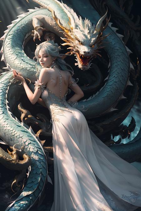 dragon_real,(extremely detailed CG unity 8k wallpaper,masterpiece, best quality, ultra-detailed, beautiful detailed eyes:1.2),best illumination, (best shadow, an extremely delicate and beautiful, bloom),the girl was surrounded by dragons,
(1girl:1.4),breasts, solo,full body,Back tattoo,white dress,(color dragon:1.4),Bare leg,long dress,