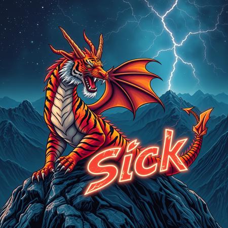 A tiger-striped dragon sitting on a mountain-top. Orange and black stripes.  Two horns.  Dragon Wings. Roaring.  Breathing fire.
Background mountains at night. Cosmic skyscape.  Synthwave colorscheme. Very realistic, fantasy illustration.
with the phrase "Sick" emblazoned in 3D, intricate, lightning patterns, with a predominantly neon colors,