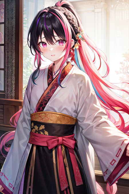 hanfu, black hair, long hair, braided ponytail, (streaked hair, pink hair), pink eyes