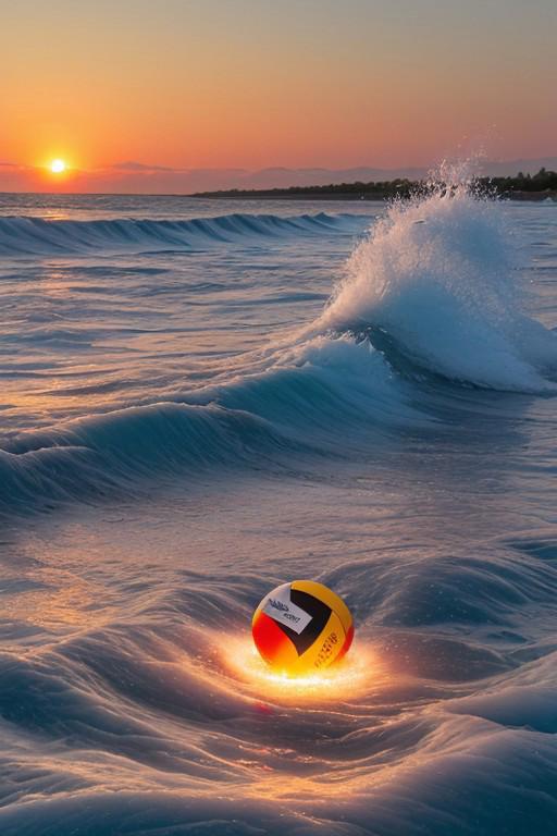 Create a scene of a vibrant beach volleyball court at sunset, where a multicolored volleyball is at the center. (((The ball is engulfed in dynamic, swirling flames on one side and icy blue water energy on the other, as if the elements of fire and water are battling for control. )))The beach sand and waves are in motion, with the ball floating above, showing both flames and water flowing outward. In the background, the volleyball net is slightly swaying in the wind, and the sunset reflects off the water. Everything in the scene, from the ball to the waves and fire, should appear dynamic and alive with energy.