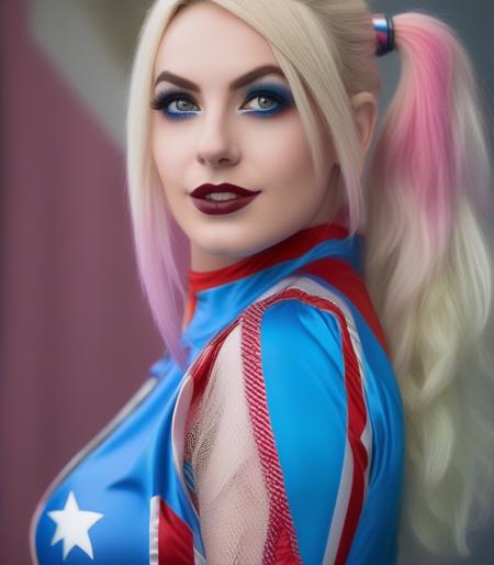 <lora:jsscn1gr1-000009:1>close up portrait photo of jsscn1gr1 as Harley Quinn (Movie Still) from Suicide Squad , (extremely intricate:1.3), (realistic), portrait of a girl, the most beautiful in the world,  , colorful hair, pigtails, blue eyes, baseball bat, teeth, (detailed face, detailed eyes, clear skin, clear eyes), photorealistic, award winning, professional photograph of a stunning woman detailed, sharp focus, dramatic, award winning, cinematic lighting, volumetrics dtx