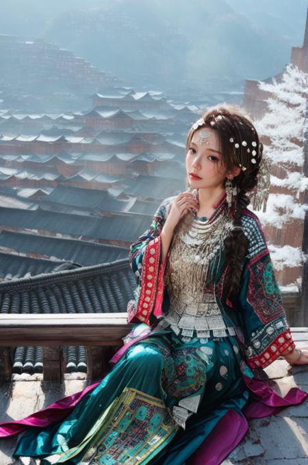 miaozu,Hmong,1girl,solo,jewelry,brown hair,architecture,ring,bracelet,east asian architecture,hair ornament,beads,brown eyes,outdoors,necklace,building,snow,long hair,sitting,dress,traditional clothes,earrings,lips,highres,extremely detailed,best quality,masterpiece,illustration,an extremely delicate and beautiful,extremely detailed,CG,unity,8k wallpaper,Amazing,finely detail,masterpiece,best quality,official art,extremely detailed CG unity 8k wallpaper,light on face,cinematic lighting,<lora:XL_miaolan:1>,upper body,