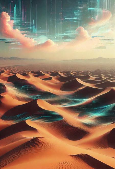 A vast desert landscape with glitching sand dunes and flickering mirages of digital cities, a haunting and surreal fusion of natural and digital aesthetics, ultra-complex details in textures <lora:MJ52:0.2> <lora:MJ52_v2.0:2> <lora:Glitch Style:0.6>