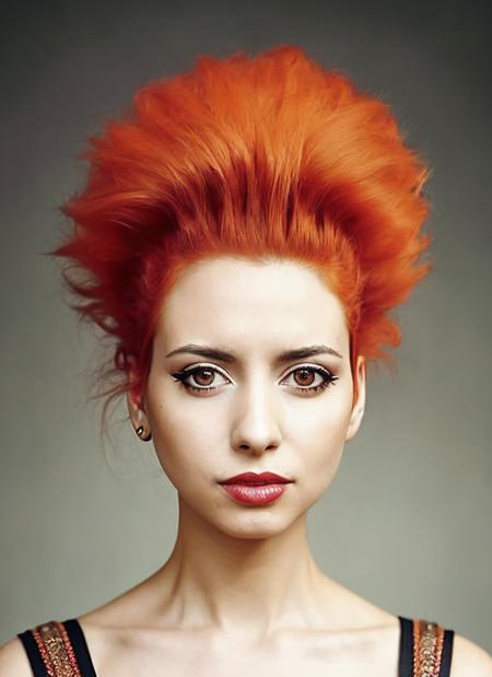 portrait of sks woman by Flora Borsi, style by Flora Borsi, bold, bright colours, orange Mohawk haircut, ((Flora Borsi)), <lora:locon_sweetanita_v1_from_v1_64_32:1.4>