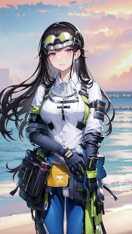 1girl, solo, long hair, black hair, gloves, black gloves, pants, goggles, bangs, white shirt, shirt, jacket, goggles on head, blue pants, pouch, breasts, jewelry, earrings, standing, long sleeves, purple eyes, white jacket, <lora:YaoWinterV1:0.9>, yaowinterSB, full body, beach, ocean background, blue sky, clouds,