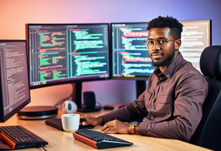 A picture of a light-skinned African Tech guy sitting in front of a desk with large computer monitor sectioned into 4 places with programming on the screen and a cup of coffee on the table, with a beautiful computer mouse and a mechanical keyboard, hyper-realistic 4K