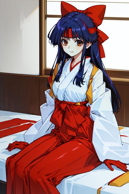 nana, brown eyes, blue hair, black hair, long hair, headband, hair bow, red bow, red gloves, miko, japanese clothes, (red hakama:1.2), 