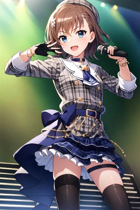 masterpiece, best quality, detailed face,(ultra hi res:1.2),(illustration:1.3),(game cg:1.2),(official concept art: 1.2),
(1girl:1.2),
kawaii,
<lora:suisei_cos_V3:0.7>,
stageidol,suisei cos , gloves, plaid,  black gloves, choker, star (symbol),partially fingerless gloves, belt, plaid dress,plaid skirt, skirt, bracelet, shirt, buttons, blue belt,ascot,double-breasted,   blue ascot, plaid jacket, jacket, collared shirt, dress,grey jacket, black choker, long sleeves,blue ribbon, blue choker, grey skirt,jewelry,bracelet ,thigh strap, single thighhigh, socks,
beret, hat,plaid headwear, grey headwear,crown,
BREAK
(small breasts:1.2)  (flat_chest:1.2),
(slender),
singing,
(stage,Spotlight:1.2),
holding  microphone,
(crowd:1.2),
dynamic pose,(cowboy shot:1.2),
<lora:ACertainMagicalIndex_v1:0.6>,
Misaka Mikoto,
light smile,happy